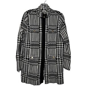 Anne Klein Black White Plaid Houndstooth Long Cardigan Sweater Jacket Size M